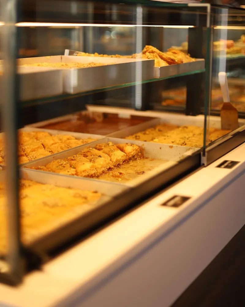 Trays of baklava in the glass counter