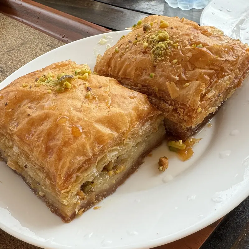 Two squares of baklava with crisp filo and chopped pistachio